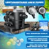 A pool pump and filter system is displayed on a wooden surface with a pool in the background. Text overlays highlight features and specifications. Produktbild-Vorschau