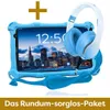 A blue tablet with a cityscape wallpaper and a pair of blue and white headphones are displayed together, with a plus sign above them and a promotional text banner at the bottom. Produktbild-Vorschau