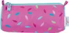 A pink pencil case with a colorful sprinkle pattern. Produktbild-Vorschau