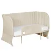 A product shot of a beige baby crib/bed with a mattress. Produktbild-Vorschau