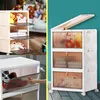 A collage showing a foldable storage cabinet in different settings, including one with toys and another with shoes. The cabinet is shown both open and closed, and with and without wheels. Anteprima dell’immagine prodotto