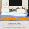 A white TV stand with LED lighting is shown in a living room setting, with a TV on top and decorative items. Produktbild-Vorschau