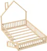 A wooden bed frame with a house-like roof structure and railings, shown from a diagonal angle against a white background. Náhled obrázku produktu