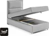 A grey upholstered bed frame with the storage compartment open, revealing wooden slats and the interior. A logo is visible in the bottom left corner. Produktbild-Vorschau