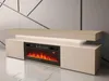A modern TV stand with a built-in electric fireplace, set against a geometric wall. Náhľad obrázku produktu