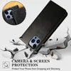 A black leather phone case is shown in a dynamic, falling pose, surrounded by broken concrete pieces, suggesting durability and protection. Produktbild-Vorschau