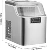 A silver ice maker with a clear lid and a black control panel is shown from a side angle. Dimensions are indicated with white text. Náhled obrázku produktu