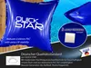 A blue inflatable pool cushion with branding and product information, next to a swimming pool. Produktbild-Vorschau