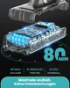 A close-up illustration of a battery pack with glowing blue energy, accompanied by text highlighting its features and benefits. Produktbild-Vorschau