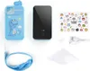 A collection of items laid out on a white background, including a blue phone case with a dinosaur design, a black electronic device, a sheet of stickers, a charging cable, and a lanyard. Náhľad obrázku produktu