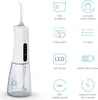 A white water flosser with a clear water tank, shown next to icons and text describing its features. Produktbild-Vorschau