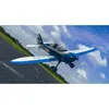 A blue and white airplane is flying in the sky with clouds. Produktbild-Vorschau