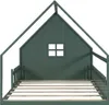 A green house-shaped bed frame with a slatted base and a small window on the back panel. Produktbild-Vorschau
