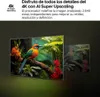 A television screen displaying a colorful bird in a jungle setting, with a smaller, darker representation of the same image shown in a grid-like perspective to illustrate AI upscaling. Voir les images du produit