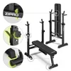 A black weight bench and squat rack are shown with close-up insets highlighting specific features. Náhled obrázku produktu