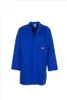 A blue work coat is displayed against a white background. Produktbild-Vorschau