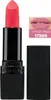 A lipstick product with its cap off, next to its cap, and a swatch on a lip. Produktbild-Vorschau