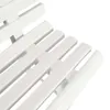 A close-up view of a white plastic garden bench with a slatted design. Produktbild-Vorschau