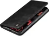 A black flip case for a smartphone is shown with the front cover partially open, revealing the phone's screen. Produktbild-Vorschau