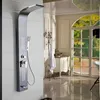 A modern bathroom with a sleek shower panel and a large arched window overlooking a garden. Podgląd zdjęcia produktu