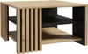 A modern coffee table with a slatted wood front and black shelving. Voir les images du produit