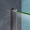 A close-up view of a shower enclosure corner, showing the metal frame and a green glass panel. Produktbild-Vorschau
