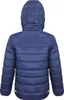A back view of a blue padded jacket with a hood. Produktbild-Vorschau