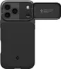 A black phone case with a camera lens cover open, showing text and a logo inside. Produktbild-Vorschau
