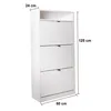 A white shoe cabinet with three doors and a shelf at the top, with dimensions indicated. Produktbild-Vorschau