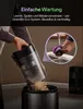 A person is emptying the dustbin of a vacuum cleaner into a trash can, with an inset showing the dustbin being rinsed under a faucet. Produktbild-Vorschau