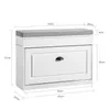 A white shoe cabinet with a gray cushion on top, shown with dimensions indicated by lines and text. Produktbild-Vorschau