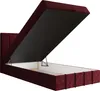 A burgundy upholstered bed frame with the storage compartment open, revealing the interior. Produktbild-Vorschau