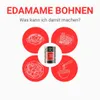 A can of edamame beans is surrounded by four circular illustrations of dishes that can be made with edamame beans. Produktbild-Vorschau