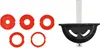 A set of accessories for a router, including several red rings and a black protractor guide with a silver metal rod. Produktbild-Vorschau