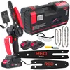 A collection of items for a cordless chainsaw kit, including the chainsaw, batteries, charger, guide bars, chains, safety glasses, and a storage case. Náhled obrázku produktu