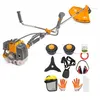 A collection of gardening tools and accessories, including a gas-powered string trimmer, on a white background. Produktbild-Vorschau