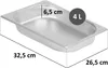A stainless steel food pan with dimensions and capacity indicated. Voir les images du produit