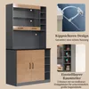 A highboard cabinet with two inset doors and shelves, shown with inset images highlighting safety features and adjustable shelving. Produktbild-Vorschau