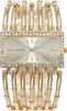 A close-up studio shot of a women's gold-tone watch with a rectangular face and a crystal-embellished band. Produktbild-Vorschau