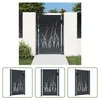 A dark gray metal garden gate with a cut-out grass design, set between two white stone pillars. Produktbild-Vorschau