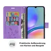 A purple wallet-style phone case with credit cards and cash inserted, next to a smartphone. Produktbild-Vorschau