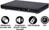 A black DVD player is shown from a slightly elevated angle, with four circular icons and text below it, illustrating features. Anteprima dell’immagine prodotto