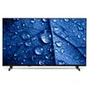 A flat-screen television with a close-up image of a blue leaf with water droplets on its screen, standing on its black stand. Produktbild-Vorschau