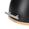 A close-up view of a black bread box with a silver handle and a wooden base. Produktbild-Vorschau