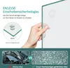 A hand holding a piece of glass, with text and diagrams explaining its features. Produktbild-Vorschau