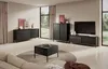 A modern living room with black furniture, including a credenza, a tall cabinet, a TV stand with a television, and a coffee table. Náhled obrázku produktu