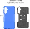 Two phone cases are shown side-by-side against a white background. The left case is blue and labeled 'TPU'. The right case is black and labeled 'PC'. Text at the top describes 'Doppelter Schutz' and 'Hybrid TPU+ PC Material'. Produktbild-Vorschau