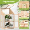 A wooden greenhouse with plants inside, shown outdoors with decorative elements and feature callouts. Náhled obrázku produktu