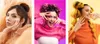 A collage of three portraits of a woman with different hairstyles and outfits, showcasing vibrant colors and makeup. Produktbild-Vorschau
