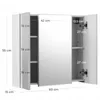 A white bathroom cabinet with a mirrored door and internal shelves, shown with dimensions. Náhled obrázku produktu